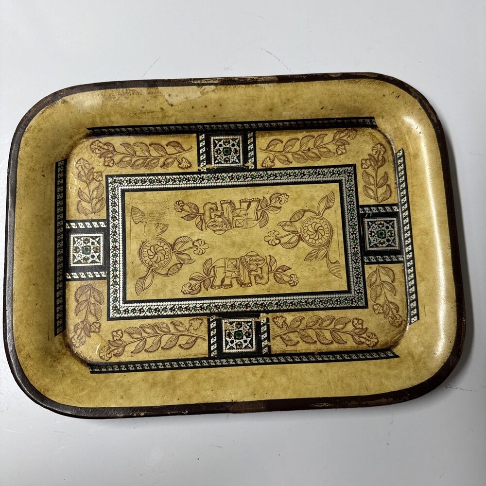 Vintage Italian Toleware Trays Set of 2 Gold Black Metal Elephant Made in Italy